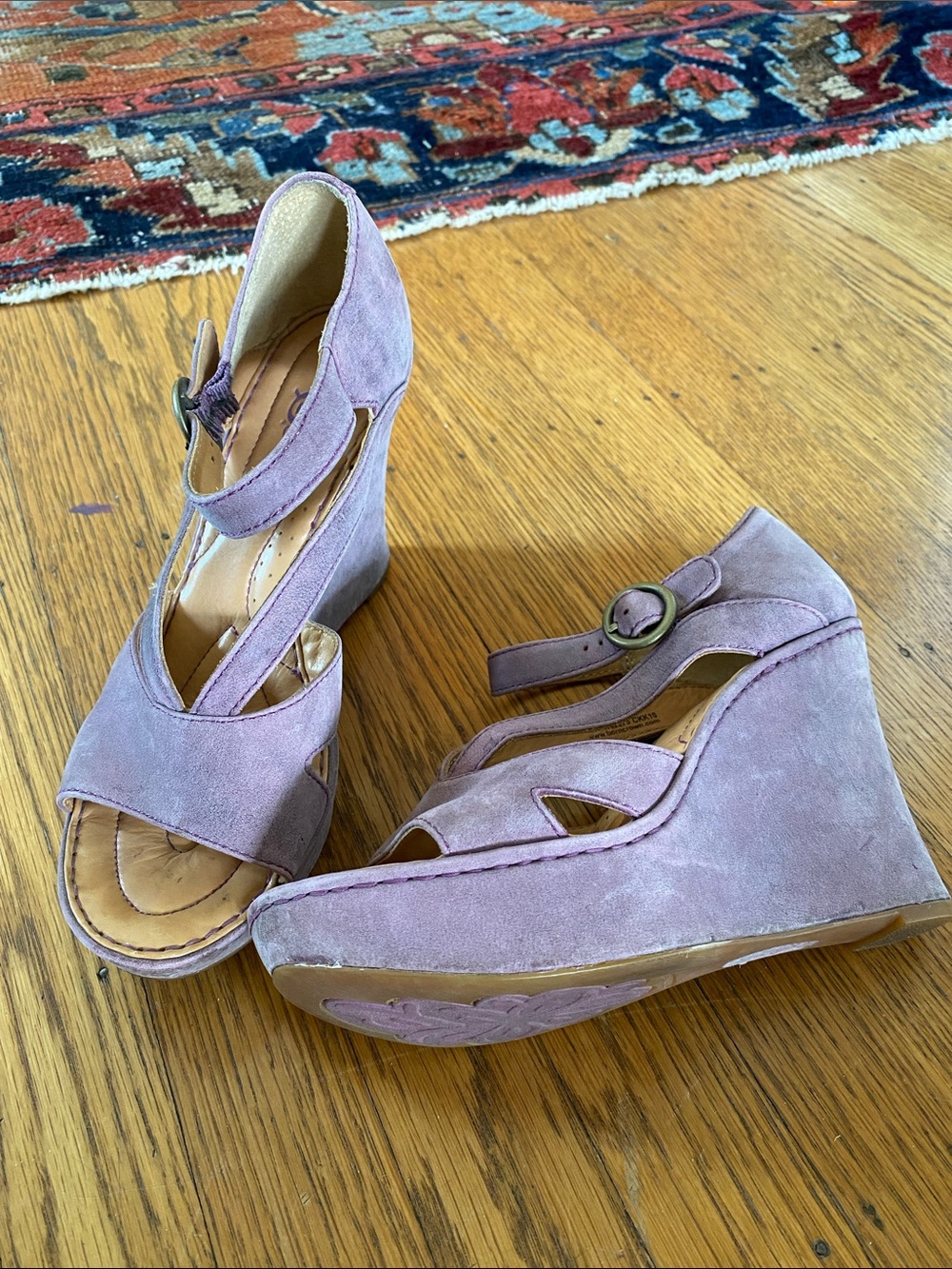 Born Lavender Suede Wedge Sandals with Ankle Strap